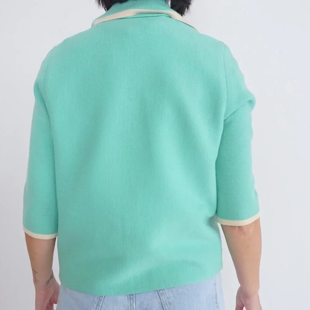 Vintage Teal w White Embroidered Floral Open Front Cardigan Sweater S - Picture 3 of 11